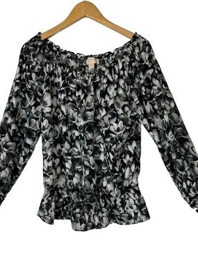 Michael Michael Kors Black and Gray Floral Peasant Style Blouse